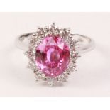 Pink sapphire and diamond white gold cluster ring hallmarked 18ct (sapphire approx 2.