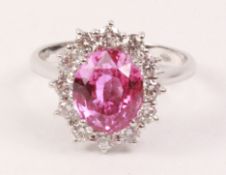 Pink sapphire and diamond white gold cluster ring hallmarked 18ct (sapphire approx 2.