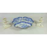 19th Century Royal Worcester Willow Pattern three section hors d'oeuvres dish with scroll feel,