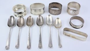 Various hallmarked silver napkin rings and teaspoons approx 5.