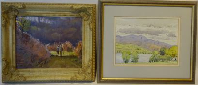 Coniston Water, watercolour signed and dated George A McCaw 1991 and Figures Walking Along Footpath,