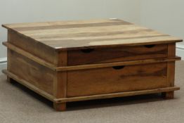 Exotic hardwood square coffee table, with two drawers, 93cm x 93cm,
