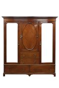 Edwardian mahogany triple wardrobe, bevelled mirror glazed doors, two drawers, W198cm, H215cm,