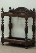 Early 20th century oak stick stand, carved detail, W61cm, H76cm,