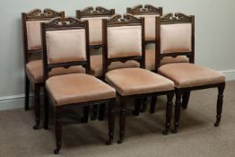 Six Edwardian walnut upholstered dining chairs, carved top rail,