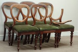 Set six Victorian mahogany balloon back chairs, upholstered drop on seats,