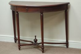 Reproduction mahogany demi-lune console table, single drawer, W109cm, H76cm,