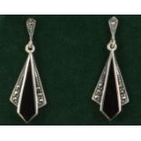 Pair of black onyx and marcasite ear-rings stamped 925 Condition Report <a