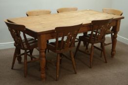Rectangular pine dining table on turned legs (183cm x 92cm, H78cm),