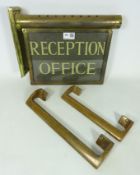 Mid 20th Century brass and glazed 'Reception Office' wall sign and two brass door handles
