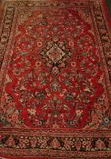 Large Persian Hamadan red ground rug carpet, interlaced floral field,