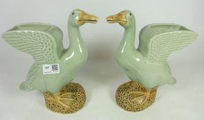 Pair of Chinese Celadon green glaze vases in the form of Ducks, impressed marks on base,