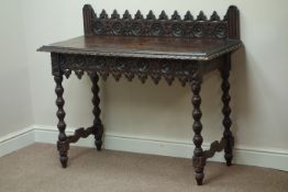 Early 20th century carved pine console side table, raised gallery back, on bobbin turned legs,