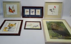 Dogs' Portraits, three watercolours framed as one, Hounds Running, watercolour signed Ana Pilgrim,