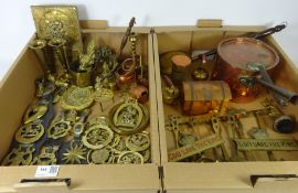 Early 19th Century copper pan, horse brasses,