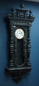 Large late 19th century carved ebonised wood Vienna wall hanging clock, twin weight driven movement,