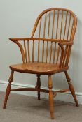 Late 20th century wide elm seat stick back Windsor armchair,