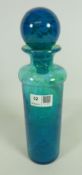 Mdina Maltese green/blue glass cylinder bottle and stopper, signed to base, H29.