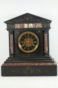 Late Victorian slate and marble mantle clock, engraved detail, copper and black dial,