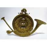 19th century German brass Hunting perpetual calendar with horn & hound head cresting,