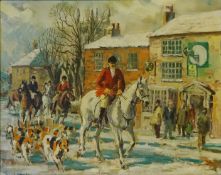 'Hunt by the Village Pub', oil on canvas signed and dated L Birch '68,