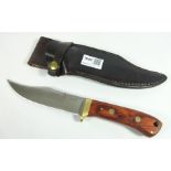 Irish knife hand made by Rory Conner with wooden grip and steel blade in leather sheath, No.