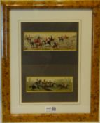 Two 19th Century Silk Stevengraphs by Thomas Stevens 'The Meet' and 'The Water Jump', framed as one,