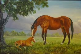 Chestnut mare with foal in a landscape, oil on board, signed W Hobson,