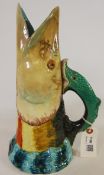 Royal Worcester Majolica tall jug in the form of a pike head rising from the water fish scroll