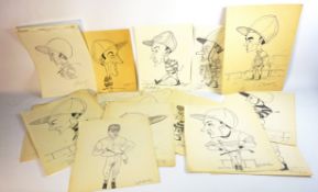 Collection of original pen, ink and pencil caricatures of Jockeys c1940's-50's by Frank R Thompson,