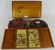 Fly fishing box, oak top inlaid with a salmon taking a fly, containing two boxes of wet & dry flies,
