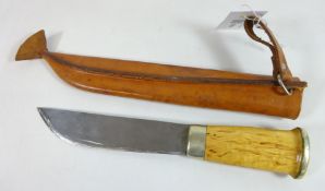 J Marttini Finish knife with wooden handle, blade engraved with sledding scene,