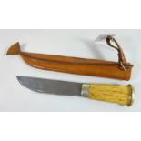 J Marttini Finish knife with wooden handle, blade engraved with sledding scene,