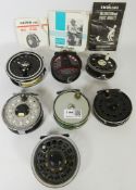 Collection of fly fishing reels including Sealey 'Twinfish', J W Young 'Beaudex',