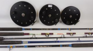 Three Tufnells centre pin sea fishing reels 1 x 8in,