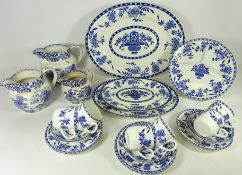 Set of three Delft pattern graduating meat plates, other Delph pattern pottery and a set of three T.