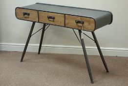 Retro industrial style pine and metal three drawer desk/console table, W121cm, H75cm, D39cm