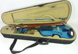 Modern Antoni Violin in blue with matching bow and additional bows Condition Report