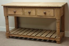 Waxed pine three drawer dresser on potboard base, W135cm, H79cm,