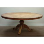 Large circular hardwood pedestal dining table, heavy turned column with three splayed legs, D184cm,