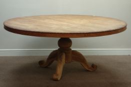 Large circular hardwood pedestal dining table, heavy turned column with three splayed legs, D184cm,