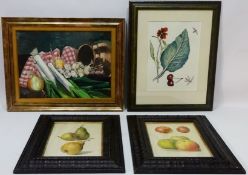 Still Life of Garden Vegetables, oil on board unsigned, Still Life of Cherries Flowers and Insects,