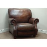 Club armchair upholstered in brown leather with stud detail,