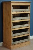 Waxed pine bakers rack with five vintage trays, W84cm, H147cm,