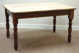Rectangular stripped pine top dining table, on turned base, 138cm x 93cm,