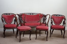 Edwardian walnut five piece salon suite - two seat settee, his and hers armchairs,