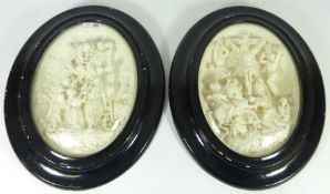 Pair of Victorian high relief plaster plaques of the Crucifixion signed J Revillon in original