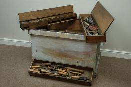 19th century pine and oak joiners tool chest with a quantity of woodworking tools, W98cm, H63cm,