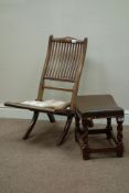 Edwardian inlaid mahogany folding chair with upholstered seat and a barley twist stool