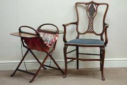Edwardian walnut armchair shaped back with pierced and carved splat, upholstered serpentine seat,